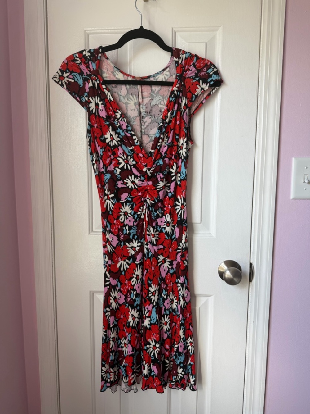 Free People Red Floral V-Neck Midi Dress with Multicolor Blooms